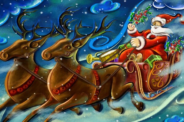 Santa Claus in a sleigh and a team with reindeer