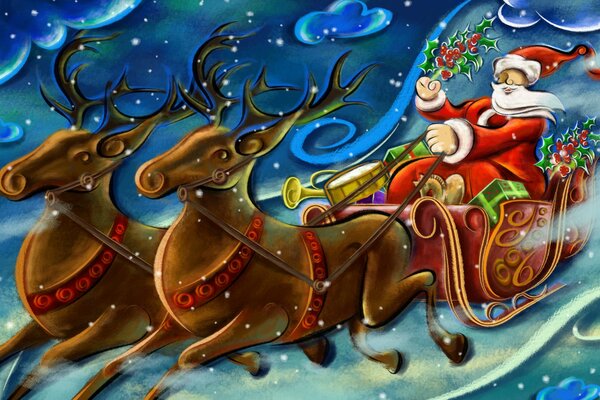 Santa Claus en trineo y trineo con renos
