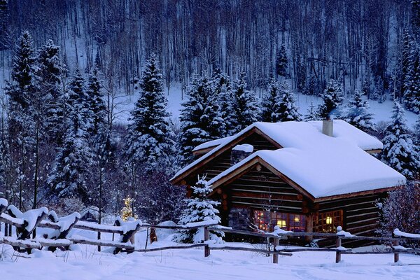 Maisons enneigées et arbres de Noël dans la nouvelle année