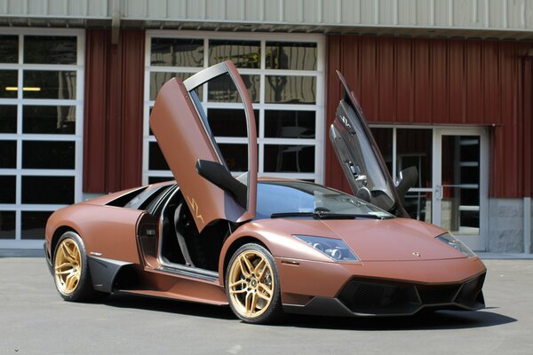 Brown lamborghini with upward-rising doors