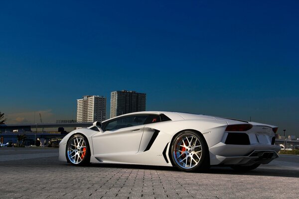 Lamborghini blanc comme neige sur fond de grands bâtiments du ciel bleu