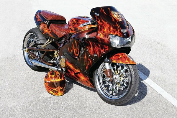 Tuning sport bike with flame pattern