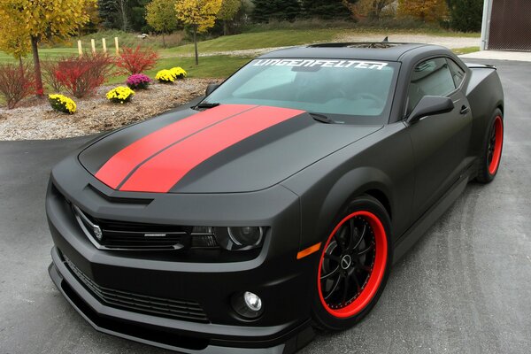 Tuned black chevrolet camaro on a background of trees