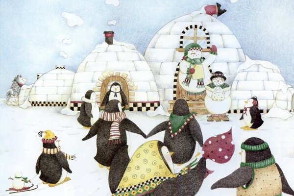 Ilustración con pingüinos, muñecos de nieve y un iglú