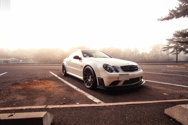 Mercedes sur un parking sur un fond de forêt dans un épais brouillard