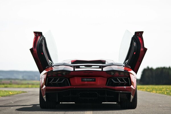 El Lamborghini aventodor rojo se encuentra en la carretera con las puertas abiertas