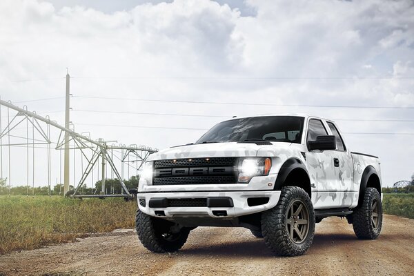 A camouflage Ford F-150 pickup truck stands on the road near the power line