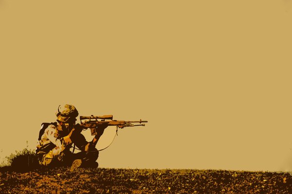 Снайпер выжидает врага в поле на фоне неба коричневого цвета