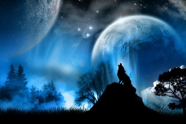 Silhouette of a howling wolf against the background of a fantastic moon