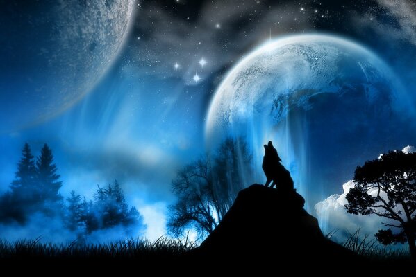 Sagoma di un lupo Ululante sullo sfondo di una luna fantastica