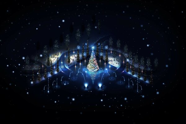 Árbol de Navidad en la Plaza en la iluminación de las luces