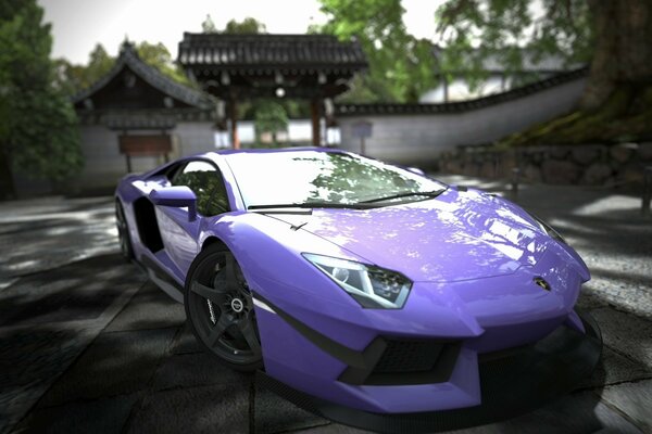 Purple car posing on the road