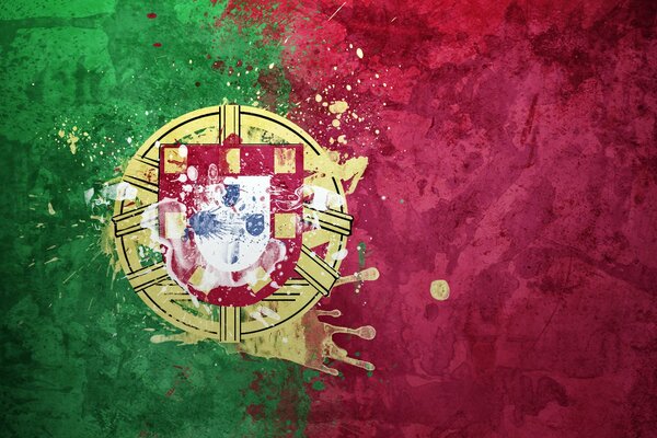 Португальский флаг с гербом в акварельной технике