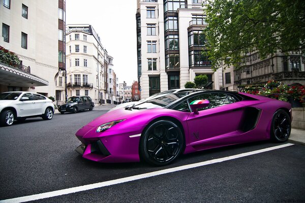 Un poderoso Lamborghini de color púrpura se encuentra en el estacionamiento