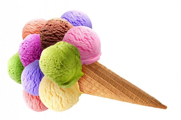 Colorful ice cream balls in a waffle cone