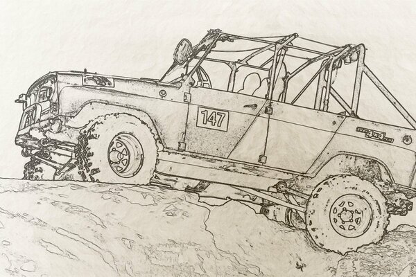 UAZ in fuoristrada. disegno a matita