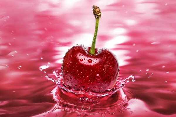 Cherry in water droplets