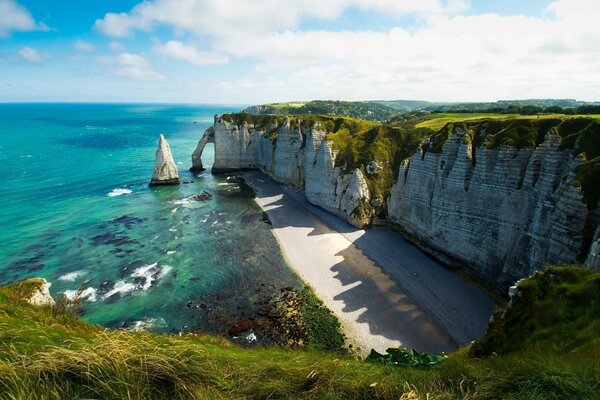 Beach on the ocean near the sheer cliffs