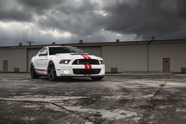 Un Mustang blanco con rayas rojas se encuentra frente a los garajes