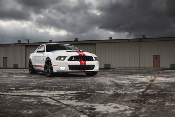 Biały Mustang z czerwonymi paskami stoi przed garażami