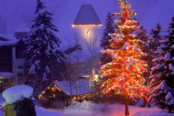 Glühender Weihnachtsbaum auf dem Hintergrund anderer im Winter