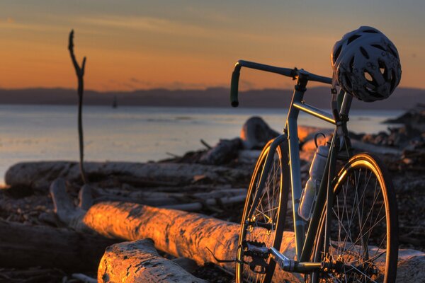 A bicycle on the shore stands on logs