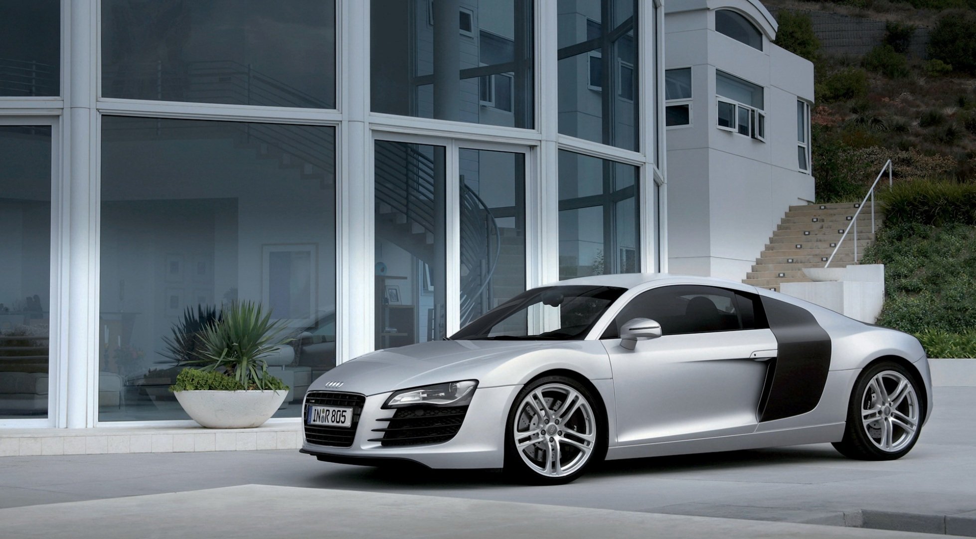 audi r8 2007 montaña edificio blanco plateado hogar lujo deportivo audi