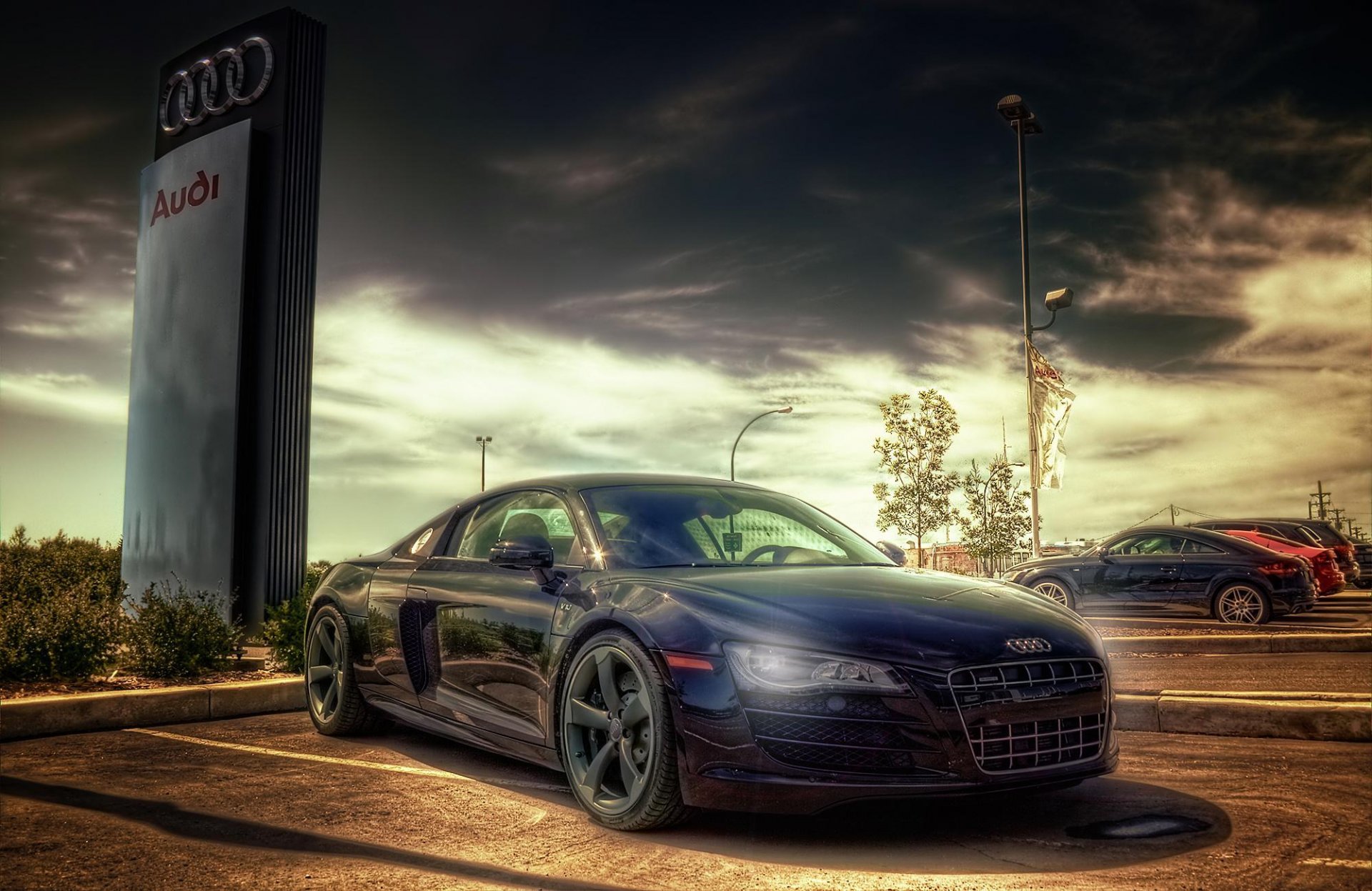 audi r8 tt a5 q7 negro aparcamiento salón del automóvil cielo hdr