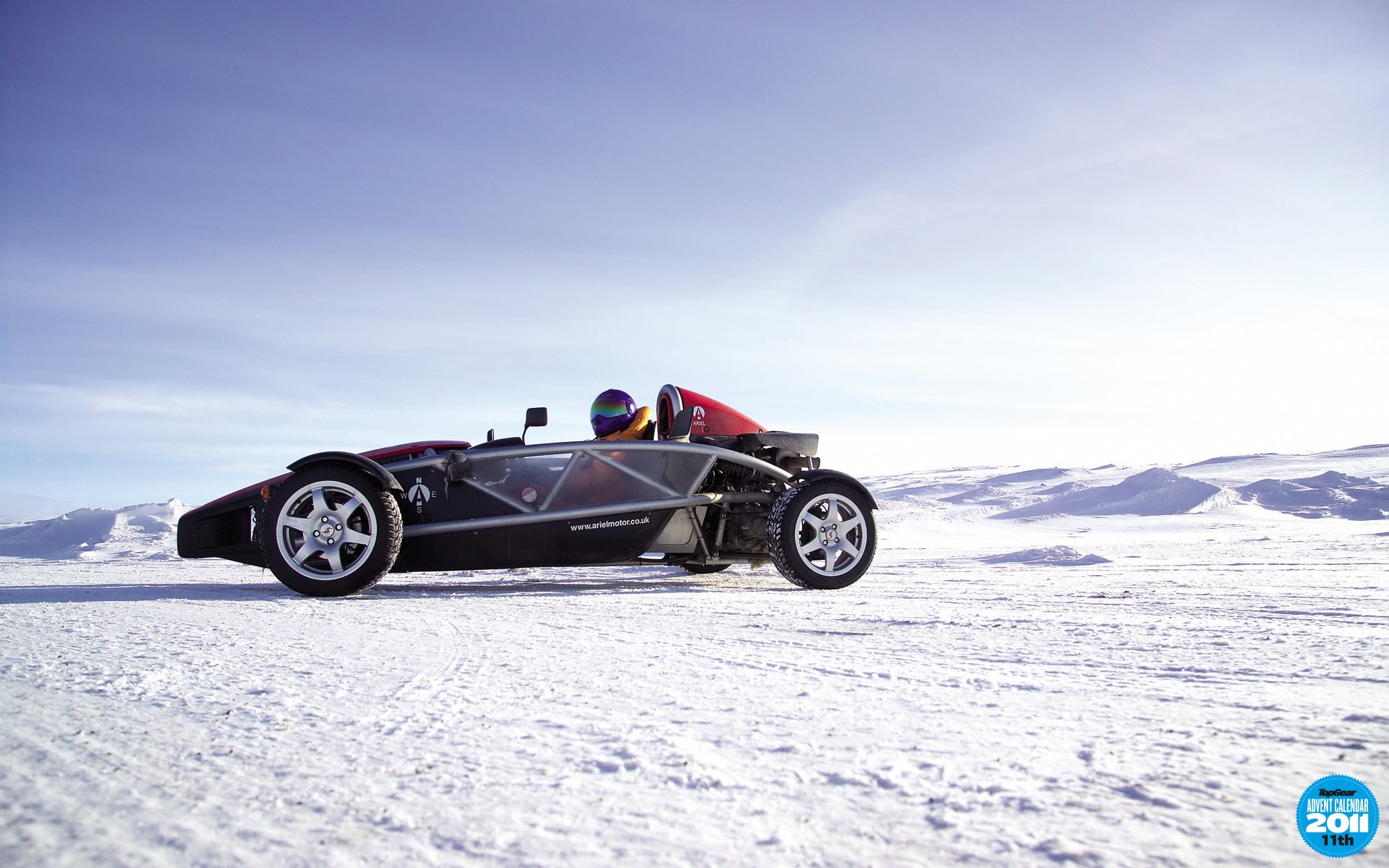 top gear advent calendar 11th the highest gear ariel atom supercar frame pilot helmet a side view snow sky