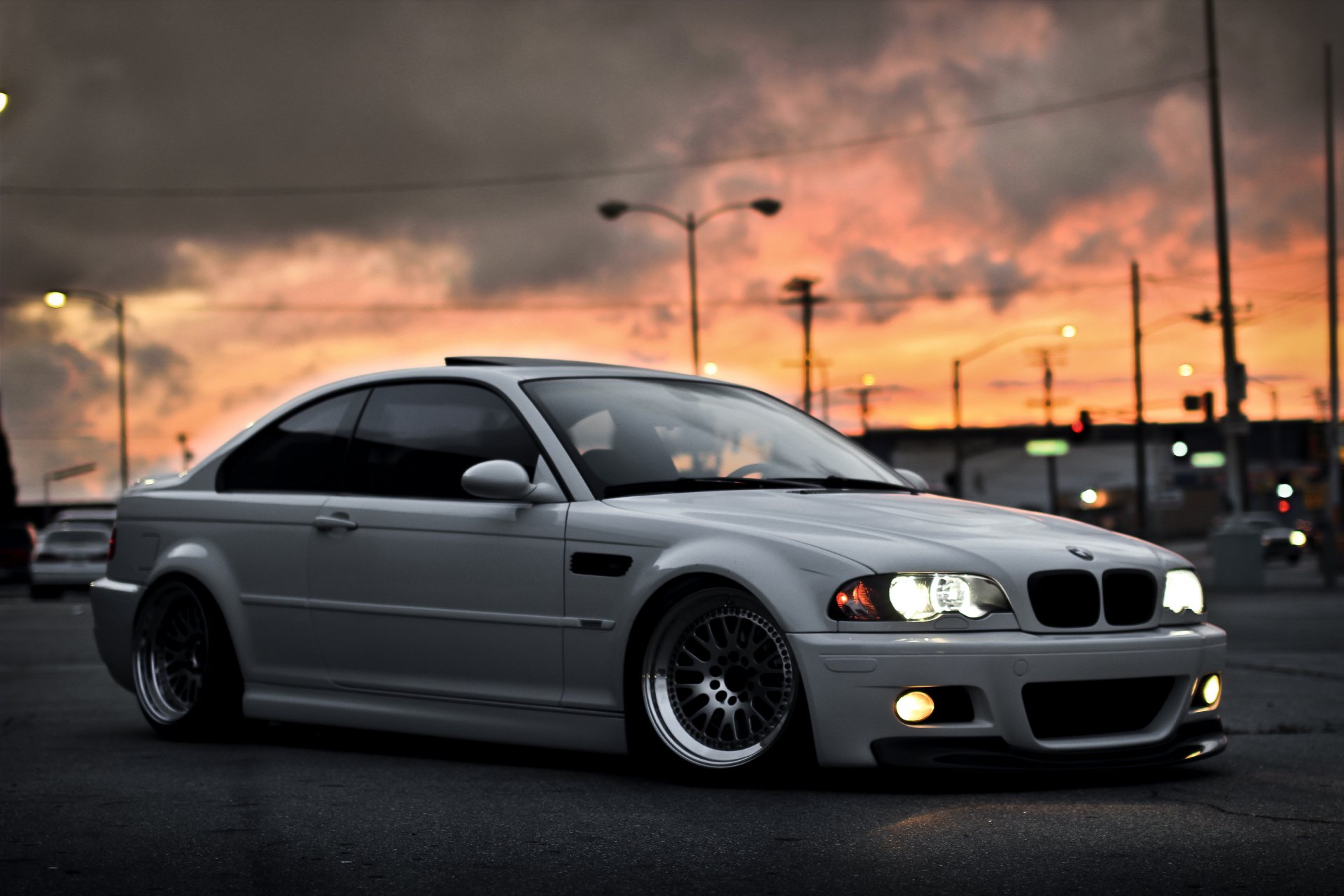 bmw m3 e46 weiß bmw stadt himmel sonnenuntergang