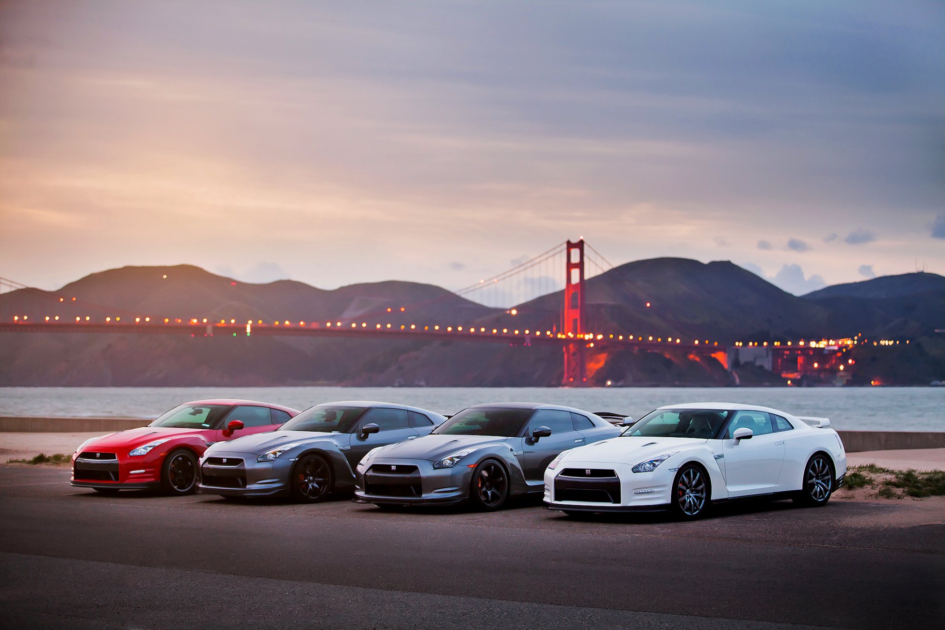 nissan r35 gtr nissan gtr r35 bridge golden gate evening lights sky sea san francisco