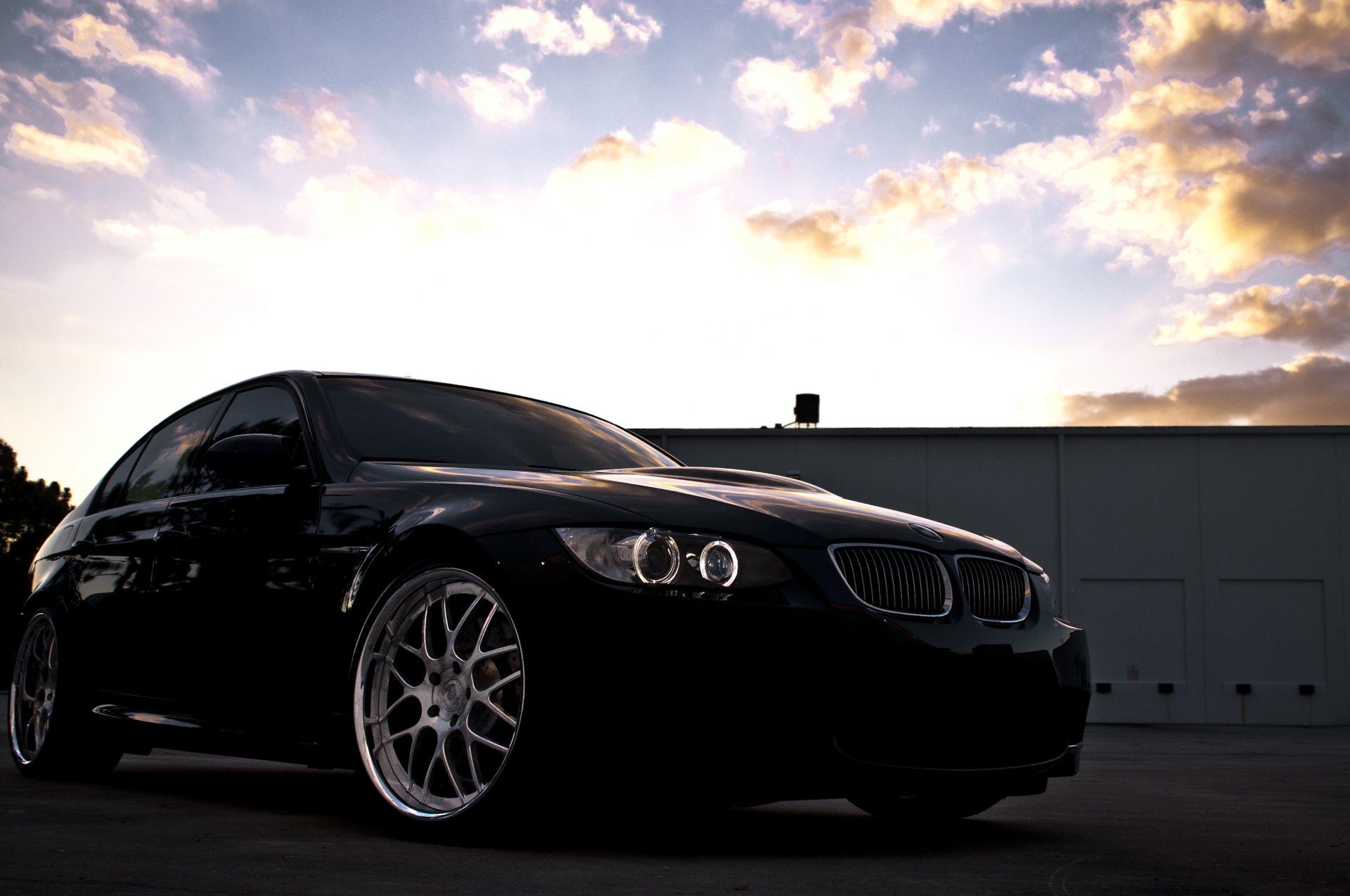 bmw m3 e90 sedan black bmw sky clouds sunset