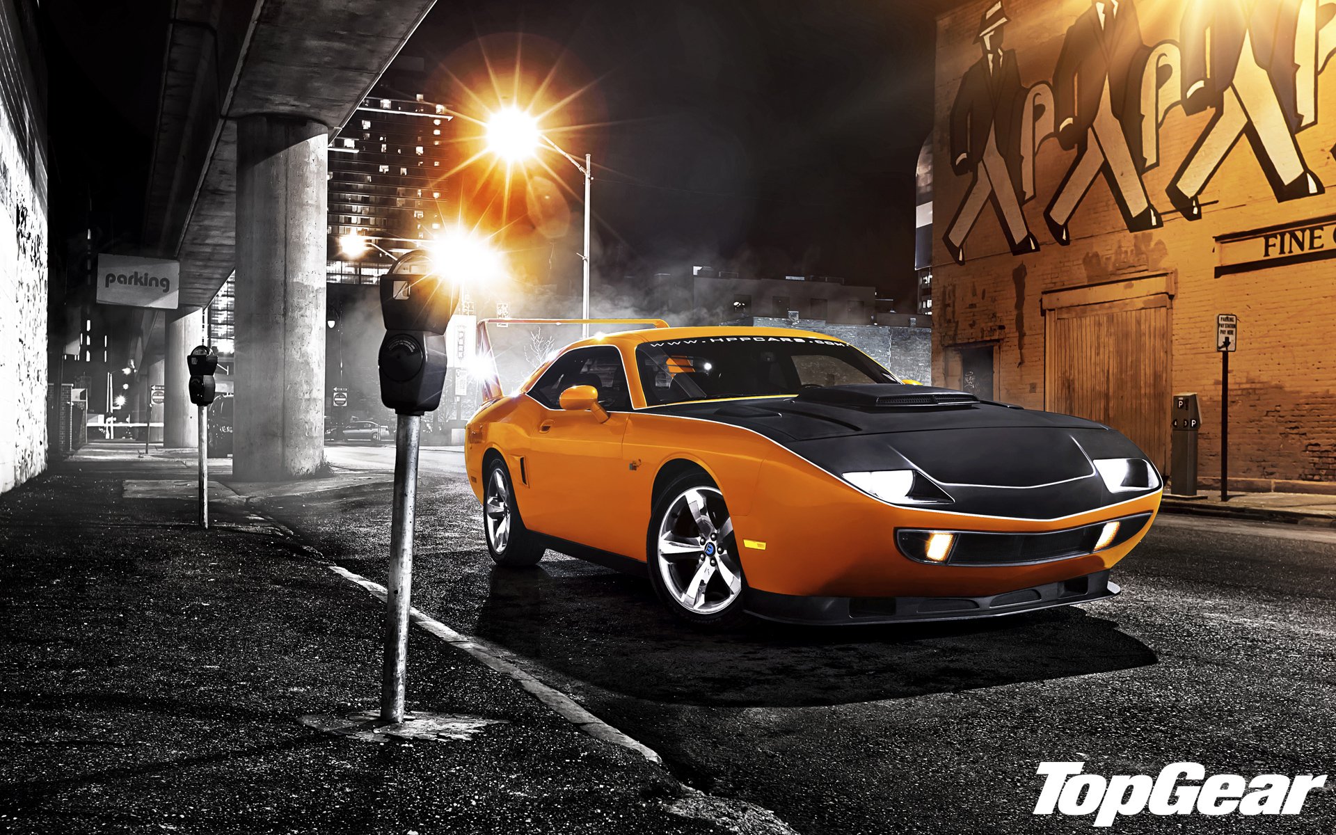 top gear top gear najwyższy bieg najlepszy program telewizyjny hpp superbird dodge challenger przód muscle car muscle car pomarańczowy tuning noc ulica latarnia