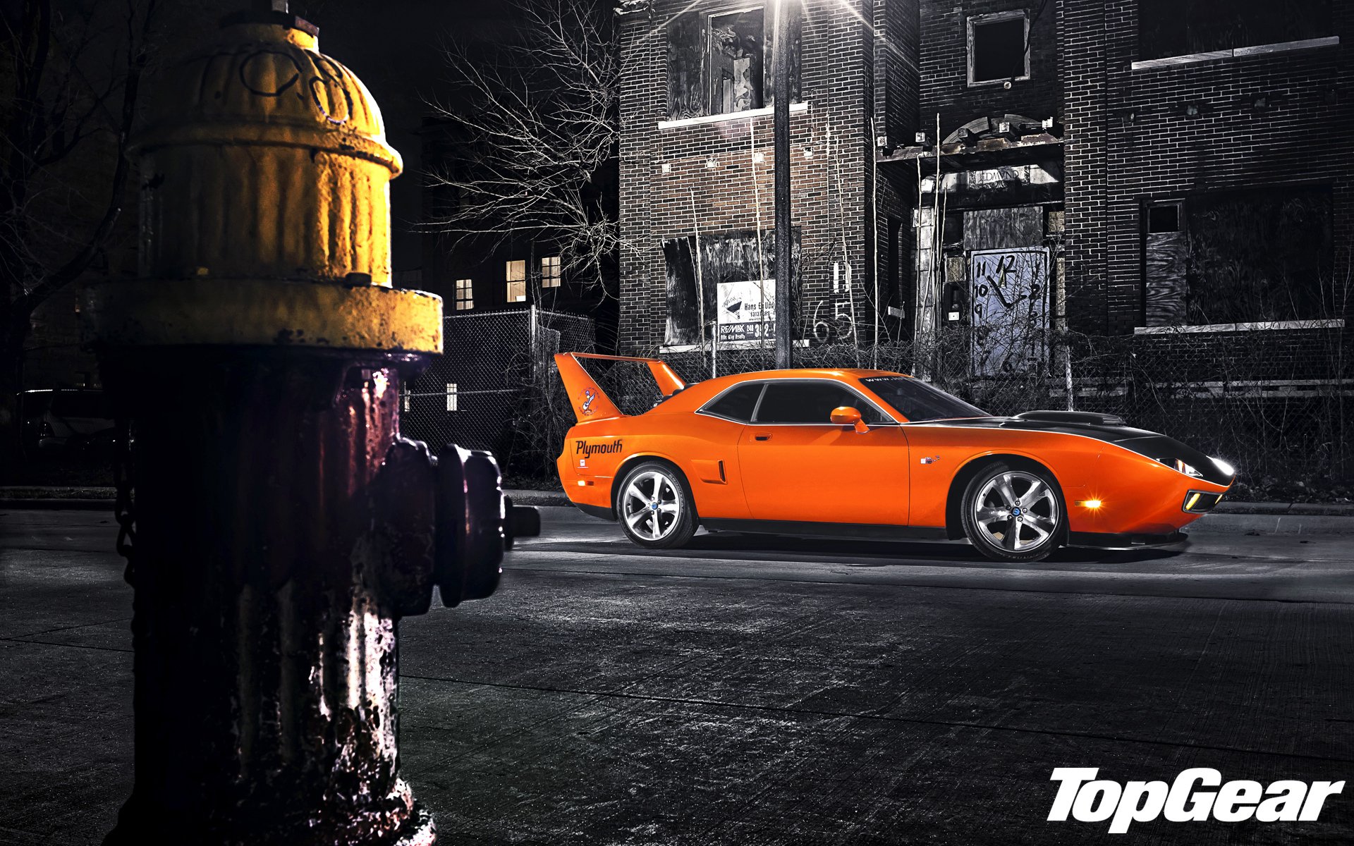 top gear top gear top gear the best TV show hes superbird dodge challenger side view muscle car muscle car orange tuning night street lantern hydrant