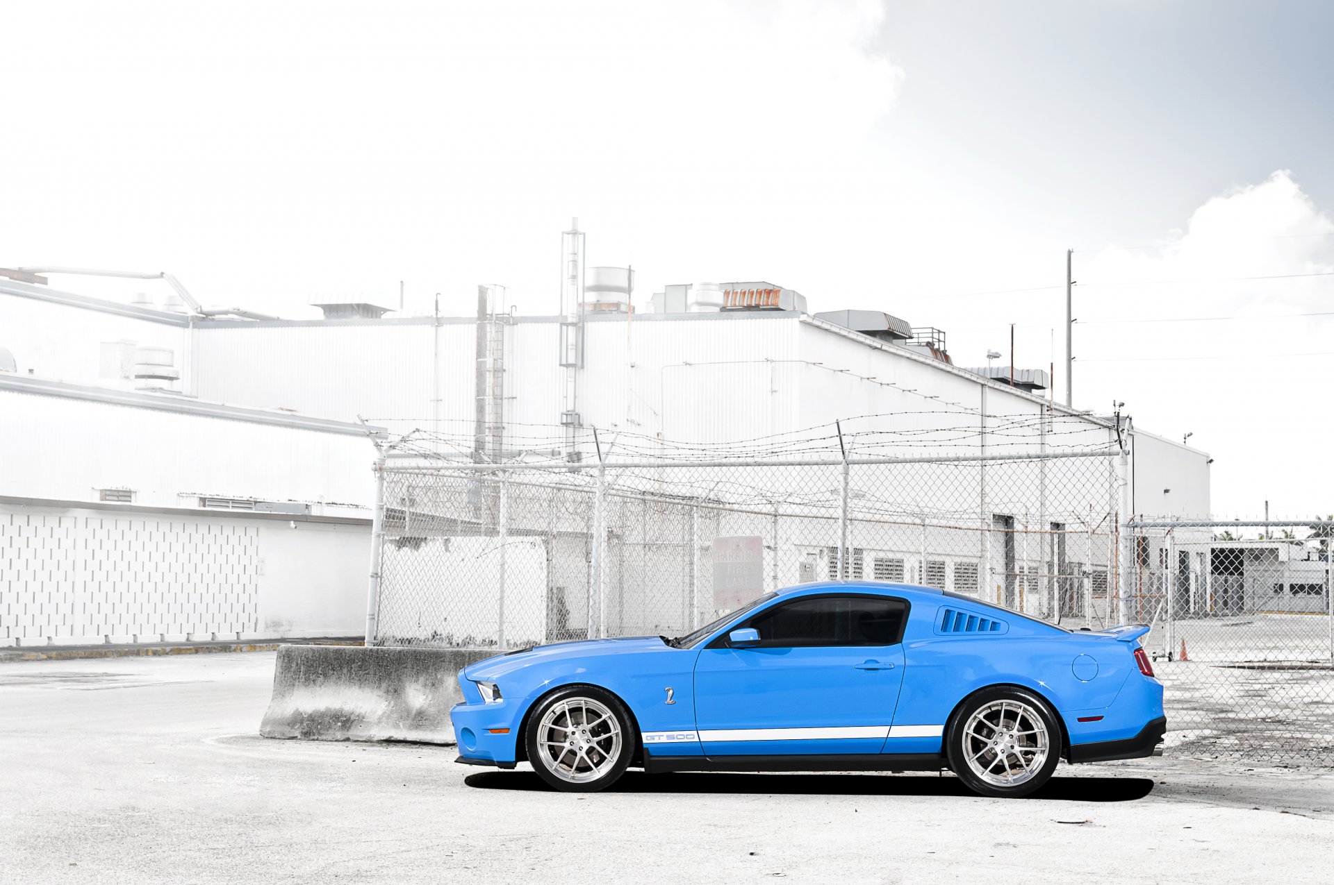 ford mustang shelby gt500 blau hellblau sportstreifen muscle car zaun mesh betonblöcke