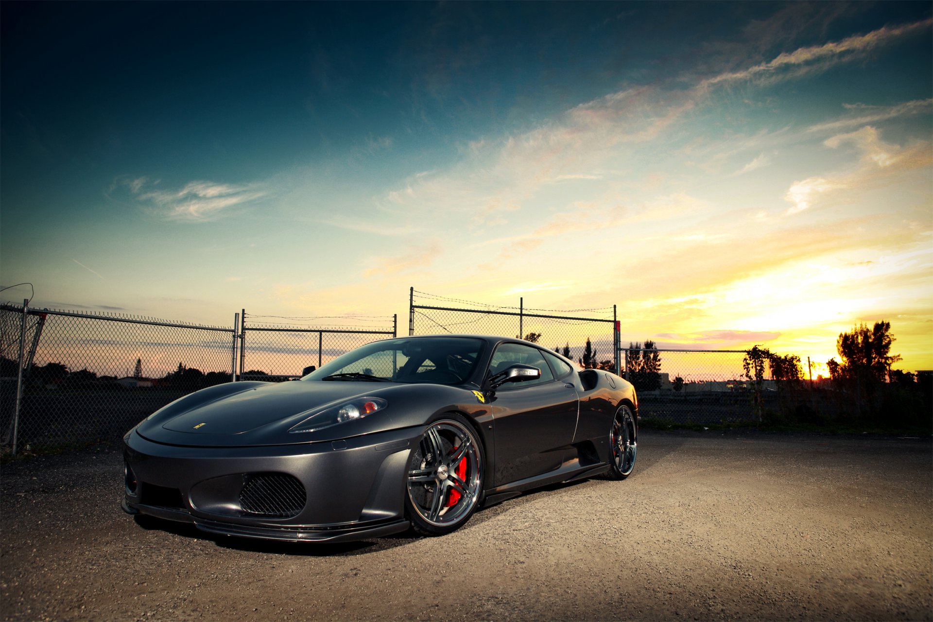 ferrari f430 ferrari front fence sky clouds sunset