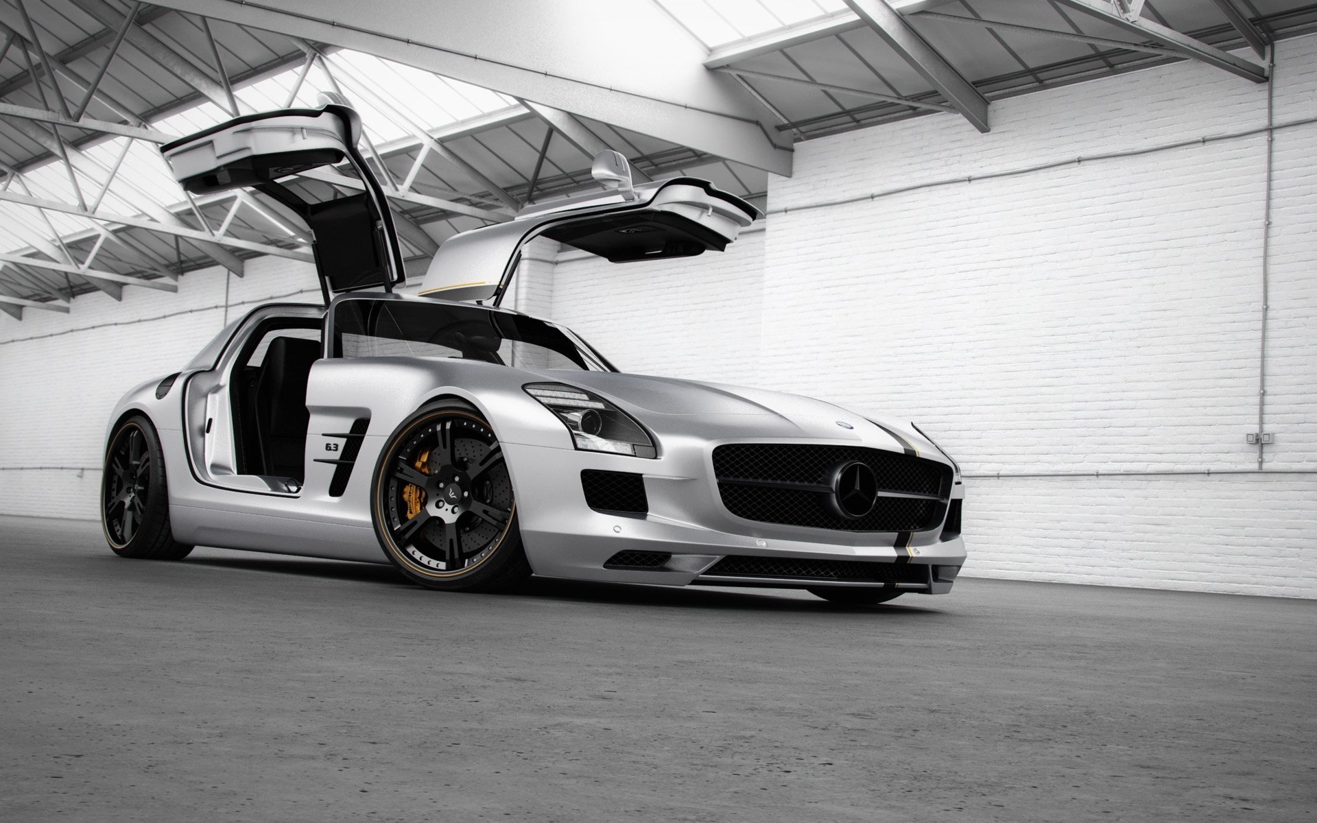 wheelsandmore mercedes-benz sls amg silver wing mercedes sls amg supersamochód srebrny przód tuning drzwi skrzydła mewy hangar tapety wielkoformatowe