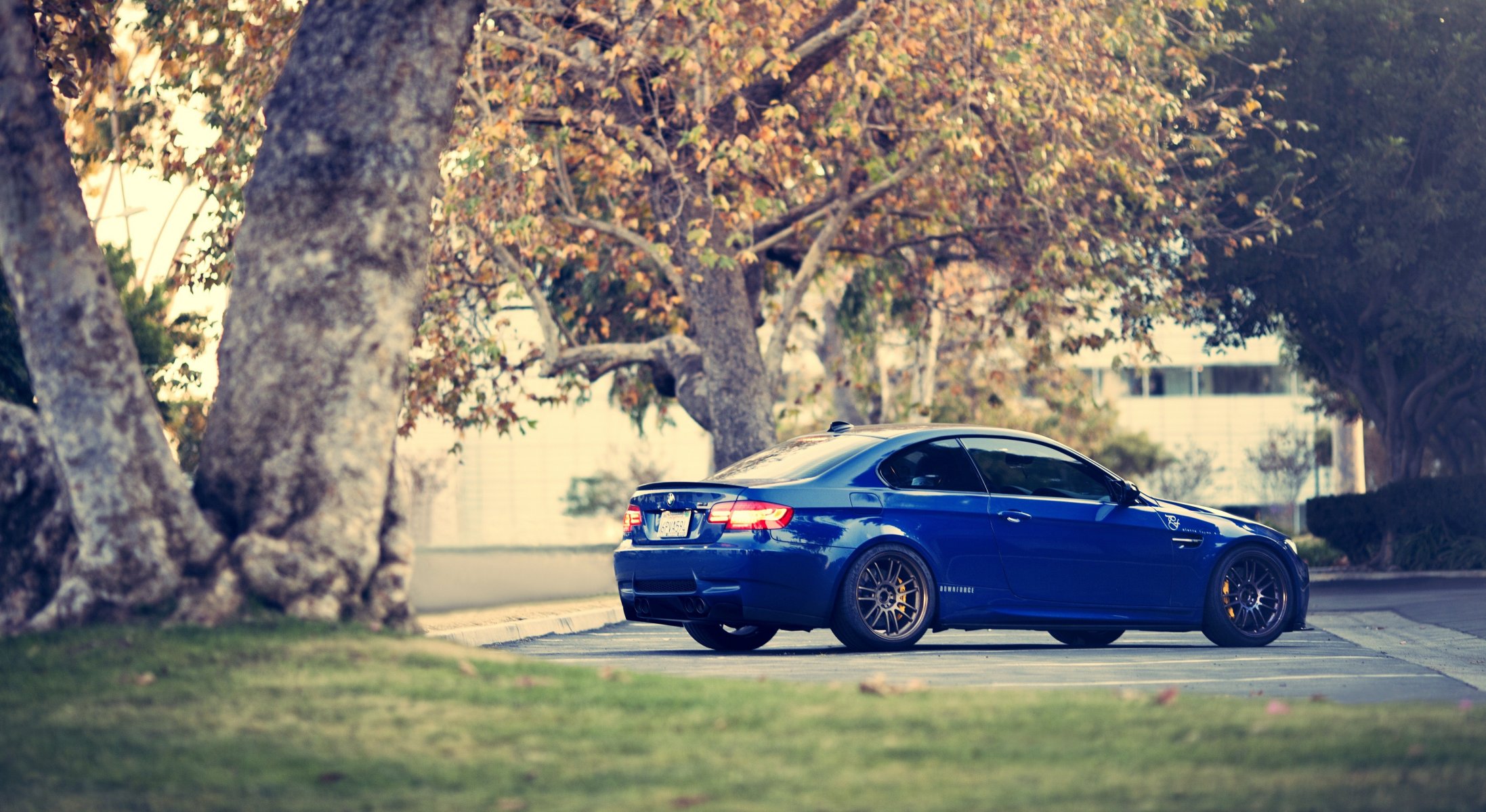 bmw m3 coupé e92 bleu bmw arbres