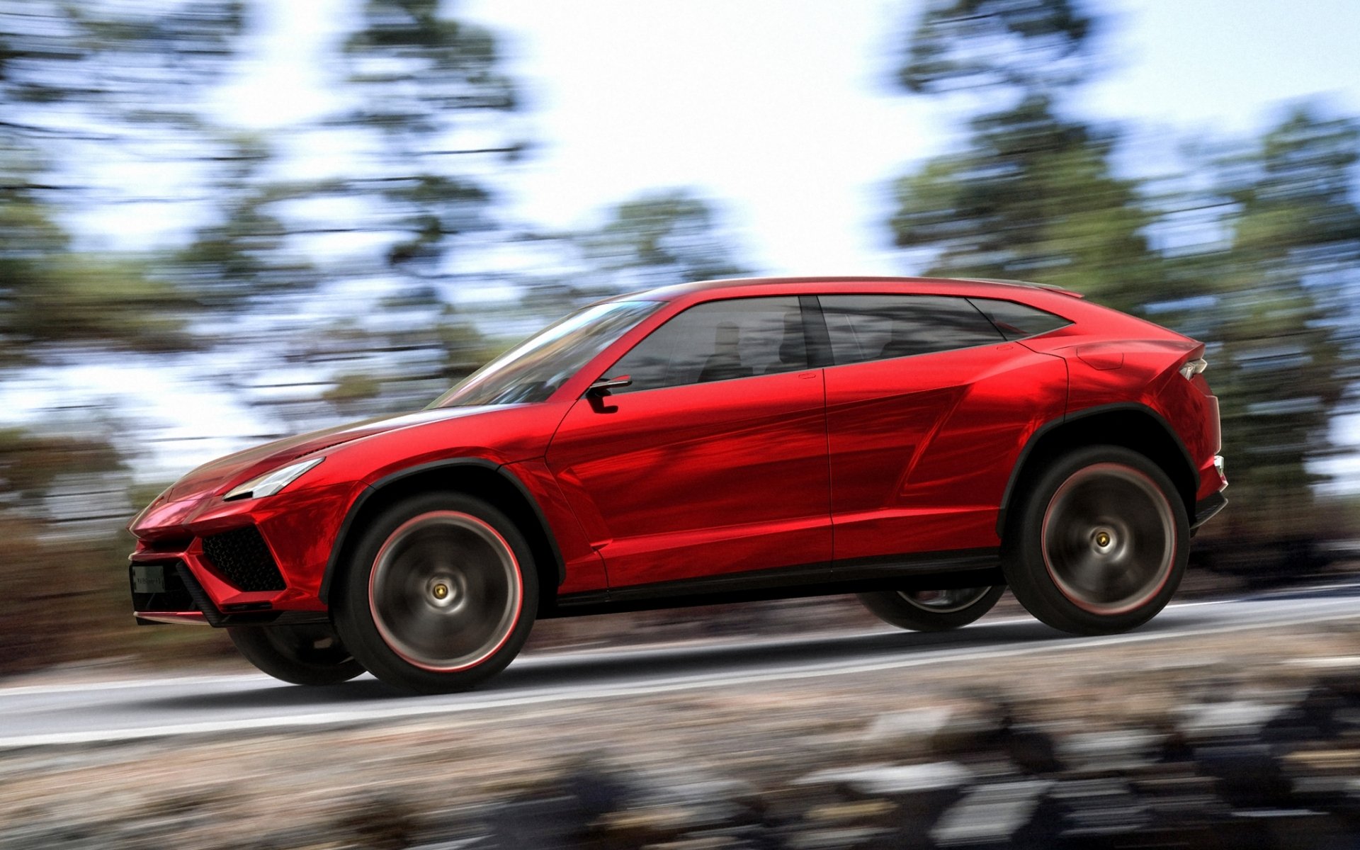 lamborghini urus concept lamborghini concept jeep red side view trees speed sky