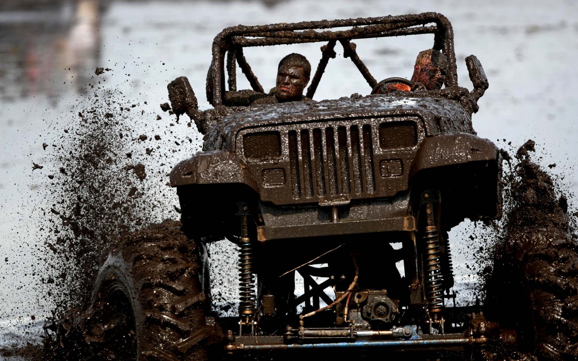 jeep wrangler rangler suv front end tuning dirt splashes happy faces background