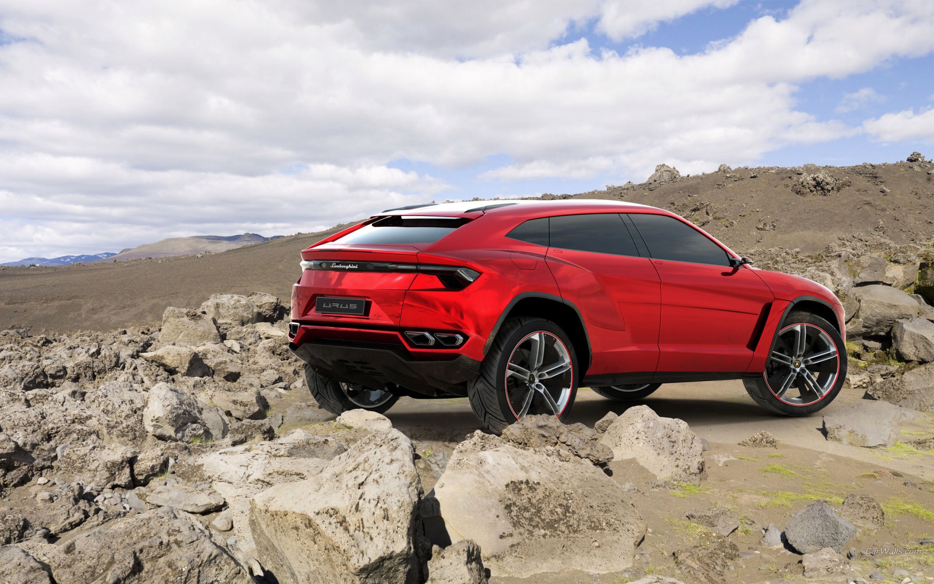 lamborghini urus concept lamborghini concept jeep red rear view rocks sky