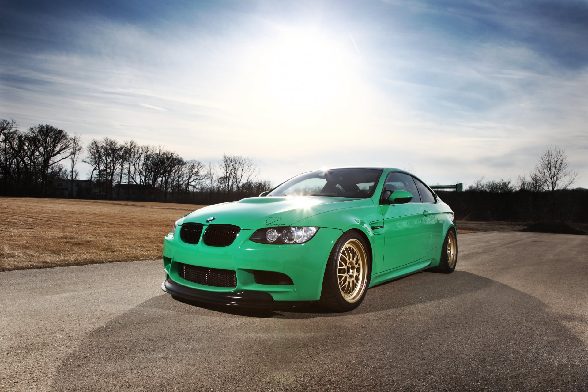 bmw m3 e92 green bmw road sky clouds glare