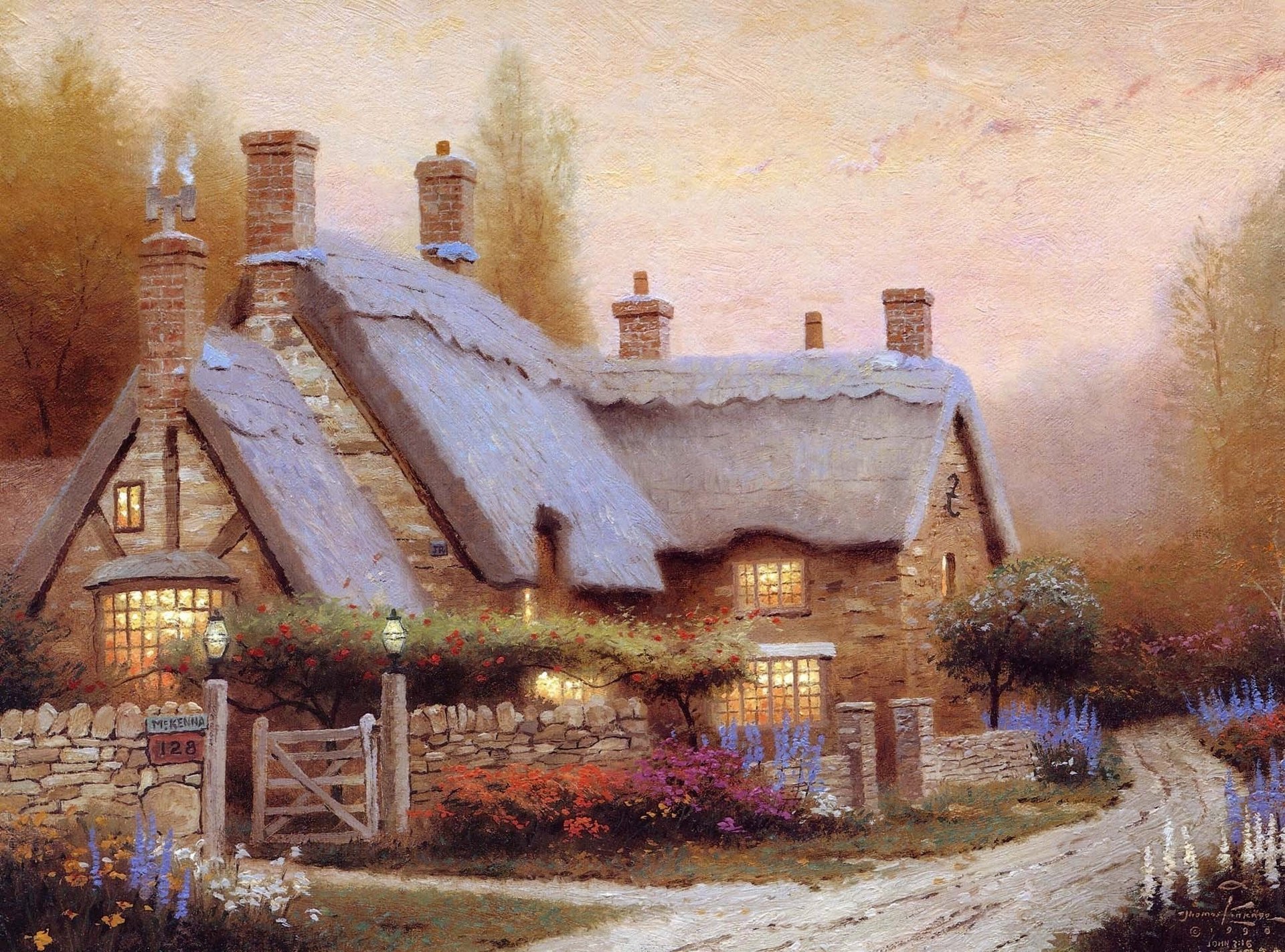 fleurs peinture maison cottage thomas kinkade été kinkade