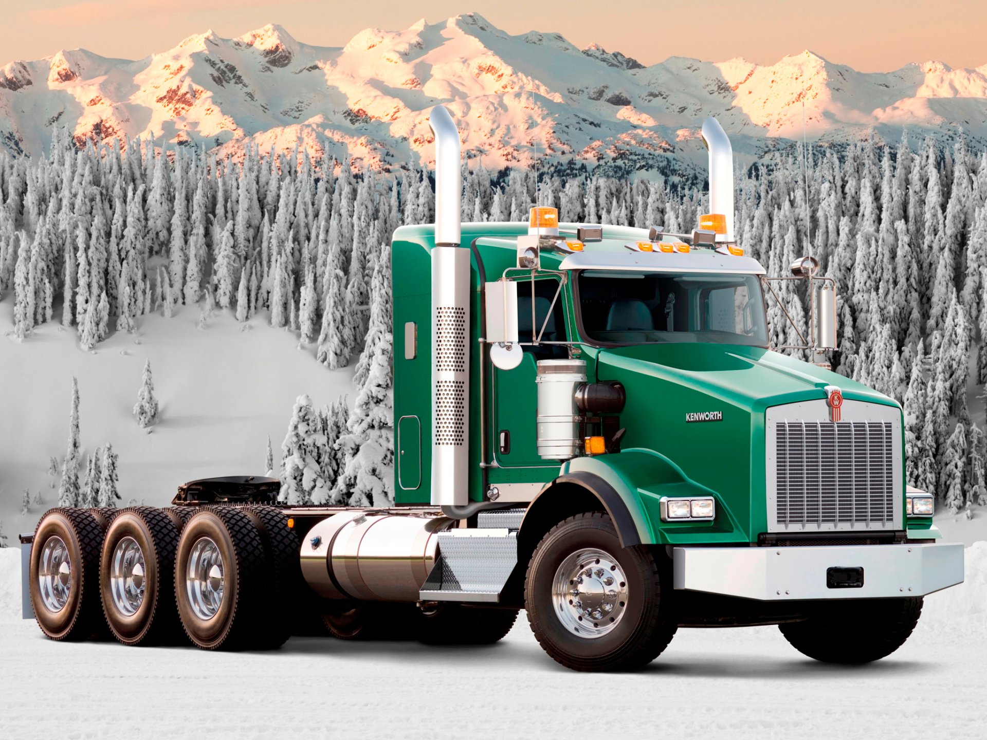 kenworth t800 kenworth t800 camion trattore camion pista anteriore neve foresta di montagna