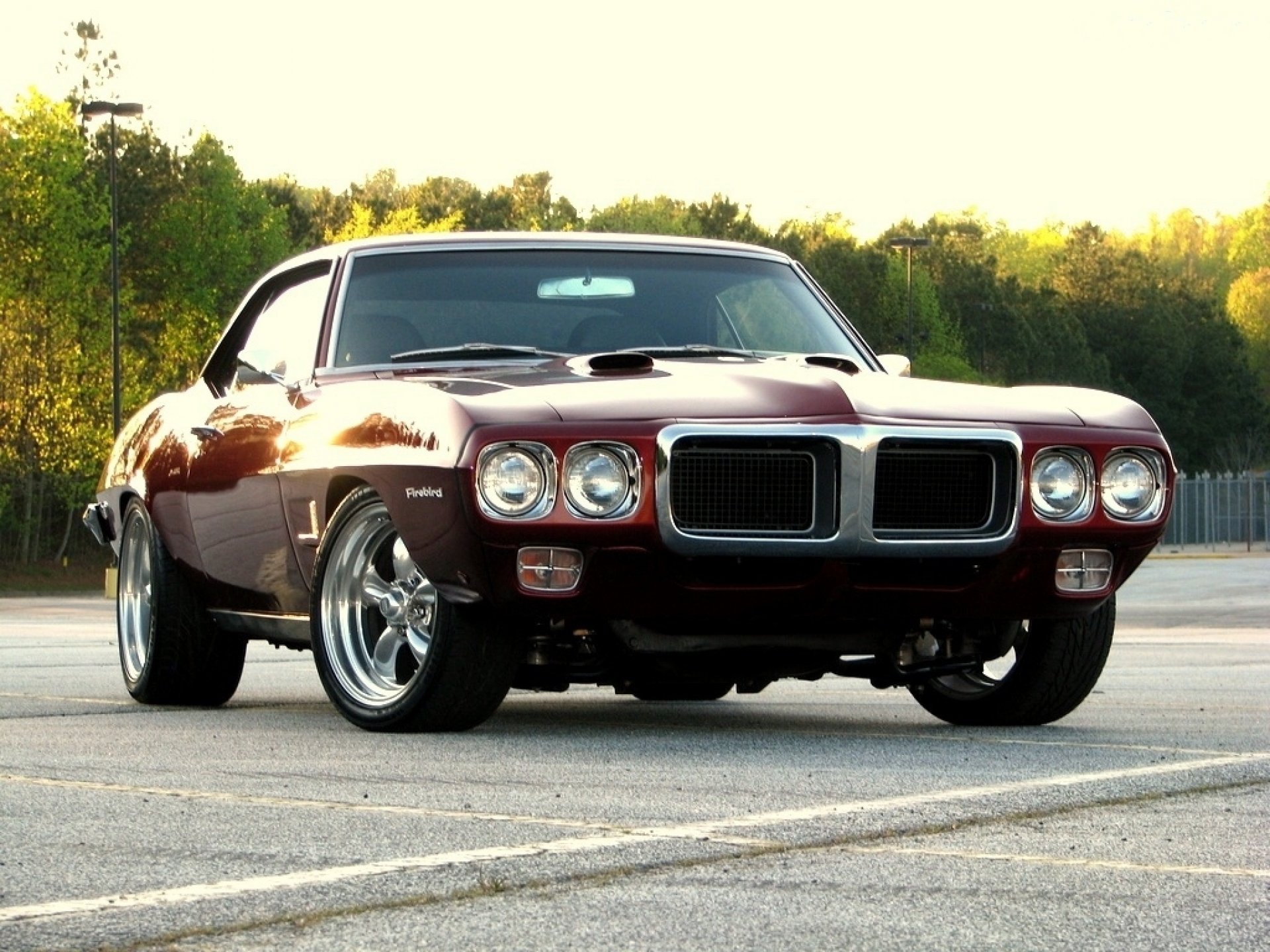 pontiac firebird 1969 rojo oscuro coche del músculo puesta de sol pontiac coche del músculo árboles