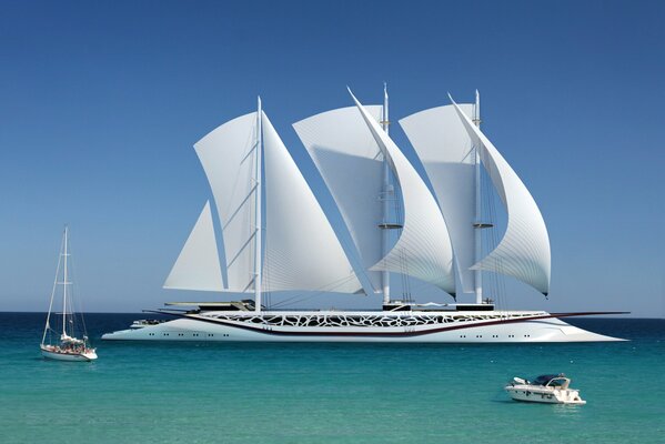 White yacht with boats in the middle of the endless sea