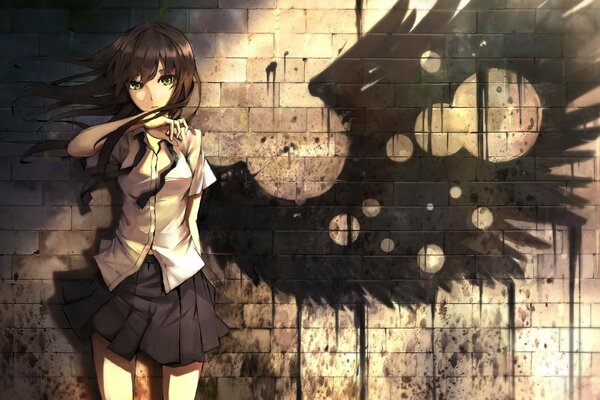 Anime girl on the background of a black wing