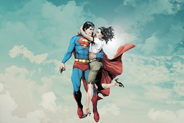 Superman is flying with a beautiful girl