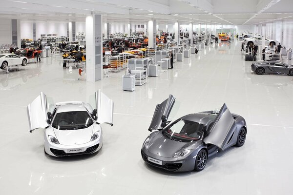 White and grey sports supercar at the factory
