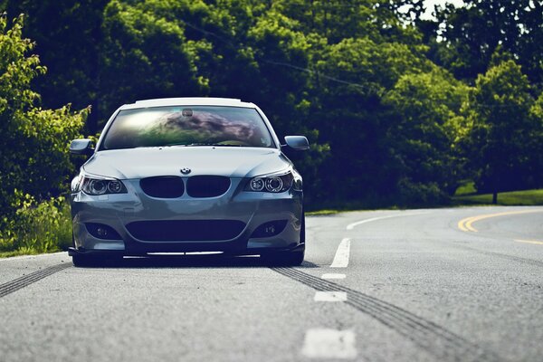 BMW blanc sur fond de route et d arbres